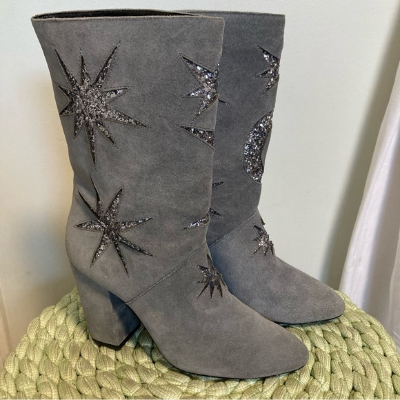 Avec Les Filles Nikita Gray Suede Glitter Star Moon Celestial Mid Calf Boots - Picture 4 of 13